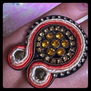 Crystal and leather stretchy statement ring